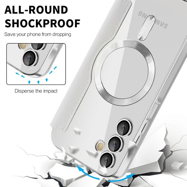 Husa pentru  Samsung Galaxy A15 EliteBook Executive Tip Carte cu Protectie RFID, Compatibilitate MagSafe si protectie lentile Transparent - Argintiu