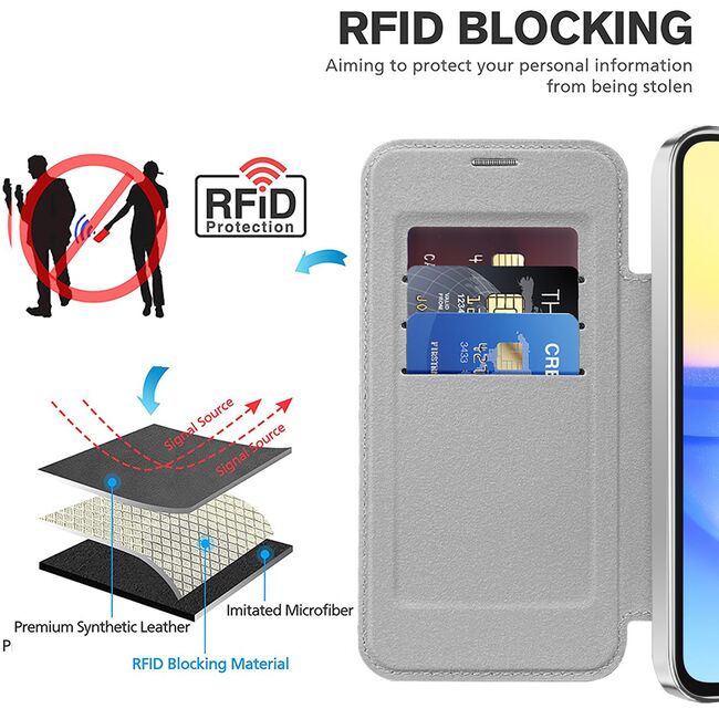 Husa pentru  Samsung Galaxy A15 EliteBook Executive Tip Carte cu Protectie RFID, Compatibilitate MagSafe si protectie lentile Transparent - Argintiu