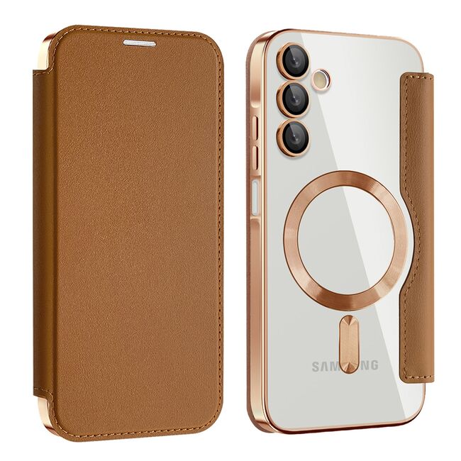 Husa pentru  Samsung Galaxy A15 EliteBook Executive Tip Carte cu Protectie RFID, Compatibilitate MagSafe si protectie lentile Transparent - Maro