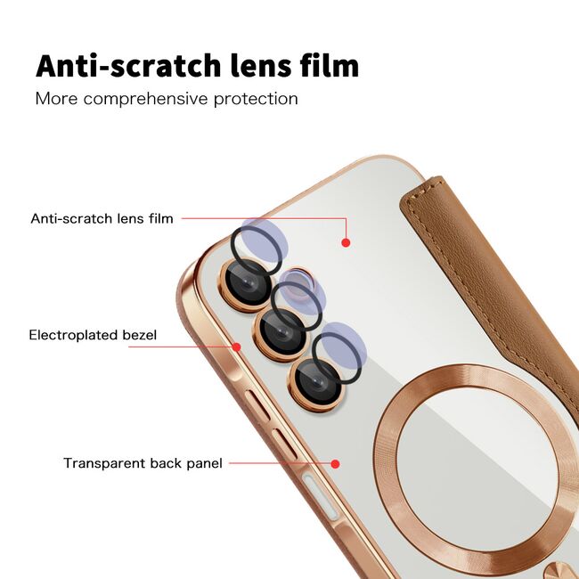 Husa pentru  Samsung Galaxy A15 EliteBook Executive Tip Carte cu Protectie RFID, Compatibilitate MagSafe si protectie lentile Transparent - Maro