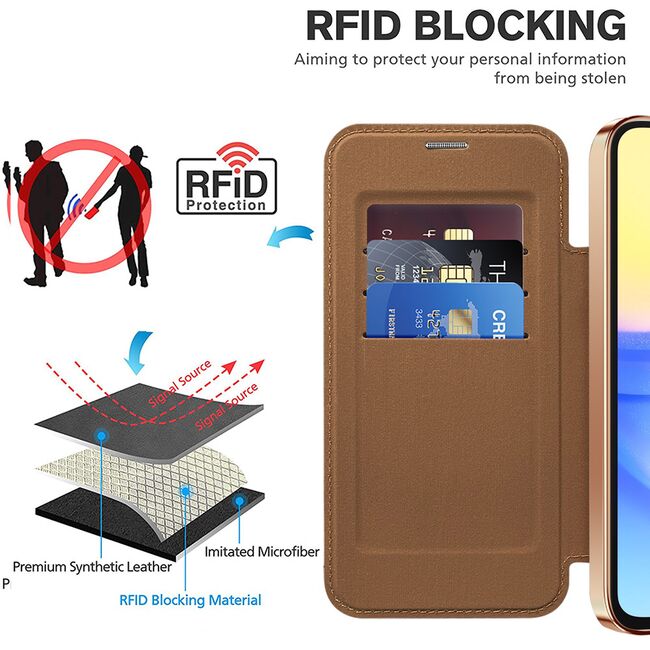 Husa pentru  Samsung Galaxy A15 EliteBook Executive Tip Carte cu Protectie RFID, Compatibilitate MagSafe si protectie lentile Transparent - Maro
