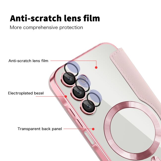 Husa pentru  Samsung Galaxy A15 EliteBook Executive Tip Carte cu Protectie RFID, Compatibilitate MagSafe si protectie lentile Transparent - Roz