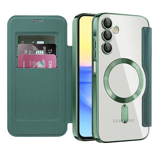 Husa pentru  Samsung Galaxy A15 EliteBook Executive Tip Carte cu Protectie RFID, Compatibilitate MagSafe si protectie lentile Transparent - Verde