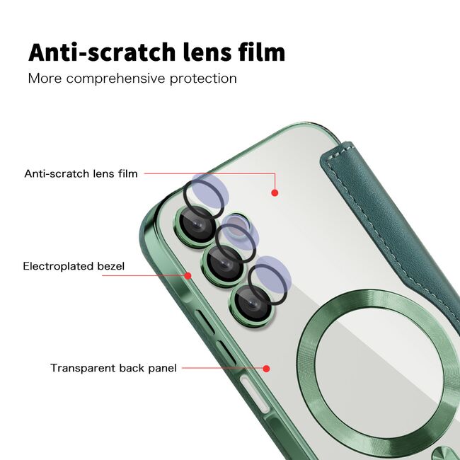Husa pentru  Samsung Galaxy A15 EliteBook Executive Tip Carte cu Protectie RFID, Compatibilitate MagSafe si protectie lentile Transparent - Verde
