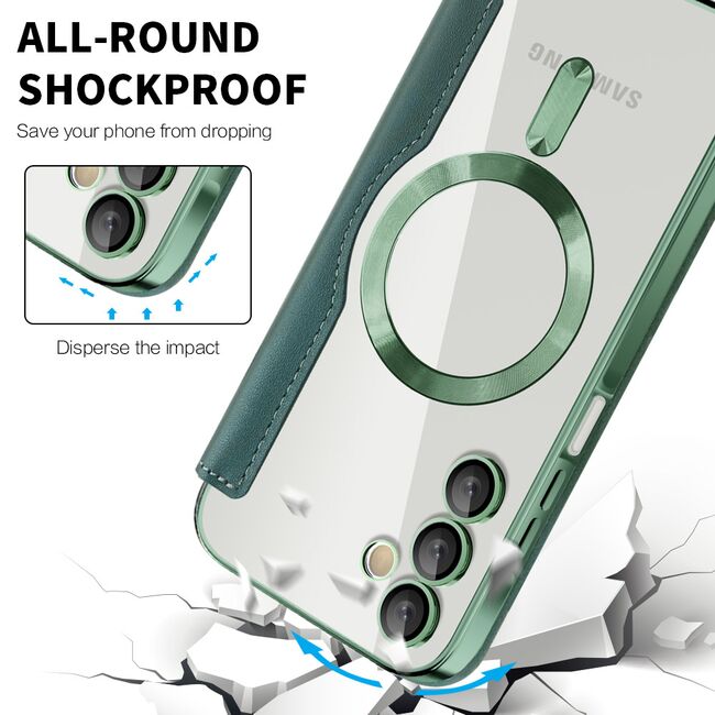 Husa pentru  Samsung Galaxy A15 EliteBook Executive Tip Carte cu Protectie RFID, Compatibilitate MagSafe si protectie lentile Transparent - Verde