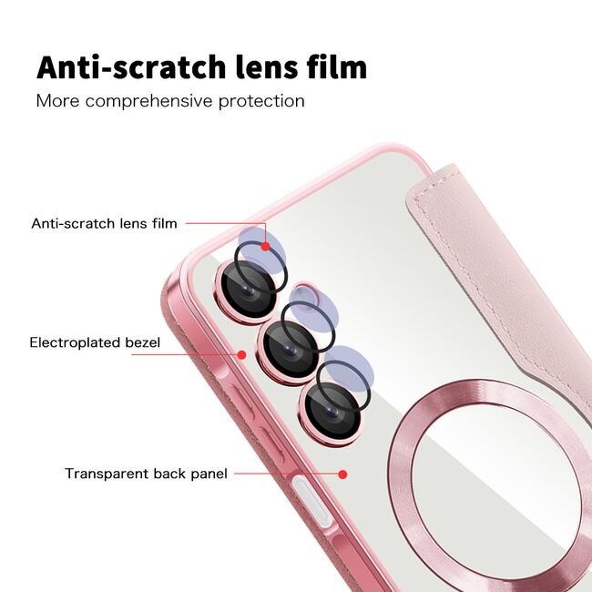 Husa pentru  Samsung Galaxy A16 EliteBook Executive Tip Carte cu Protectie RFID, Compatibilitate MagSafe si protectie lentile Transparent - Roz