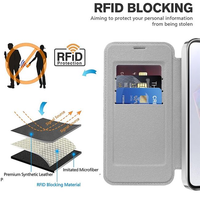 Husa pentru  Samsung Galaxy A35 EliteBook Executive Tip Carte cu Protectie RFID, Compatibilitate MagSafe si protectie lentile Transparent - Argintiu