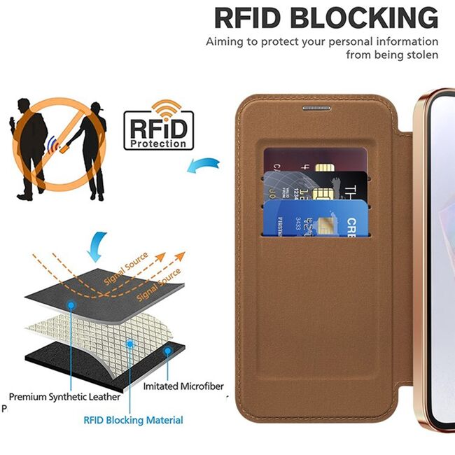 Husa pentru  Samsung Galaxy A35 EliteBook Executive Tip Carte cu Protectie RFID, Compatibilitate MagSafe si protectie lentile Transparent - Maro