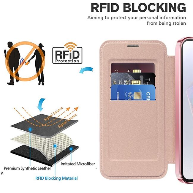 Husa pentru  Samsung Galaxy A35 EliteBook Executive Tip Carte cu Protectie RFID, Compatibilitate MagSafe si protectie lentile Transparent - Roz