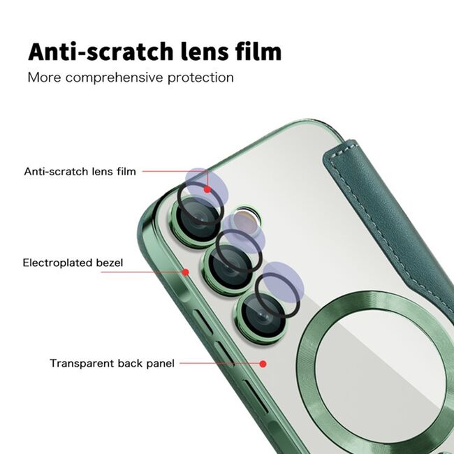 Husa pentru  Samsung Galaxy A35 EliteBook Executive Tip Carte cu Protectie RFID, Compatibilitate MagSafe si protectie lentile Transparent - Verde
