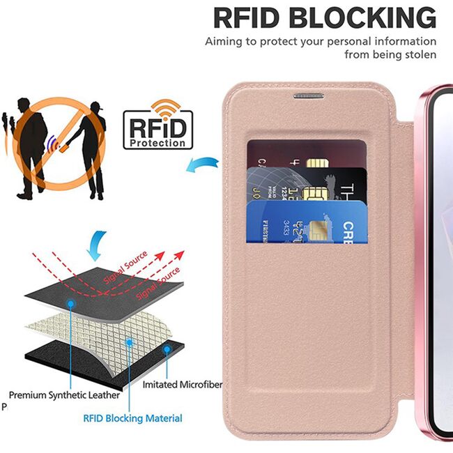 Husa pentru  Samsung Galaxy A36 EliteBook Executive Tip Carte cu Protectie RFID, Compatibilitate MagSafe si protectie lentile Transparent - Roz