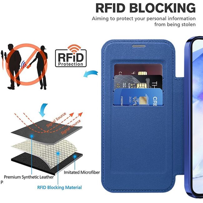 Husa pentru  Samsung Galaxy A55 EliteBook Executive Tip Carte cu Protectie RFID, Compatibilitate MagSafe si protectie lentile Transparent - Albastru