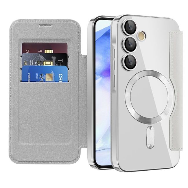 Husa pentru  Samsung Galaxy A55 EliteBook Executive Tip Carte cu Protectie RFID, Compatibilitate MagSafe si protectie lentile Transparent - Argintiu