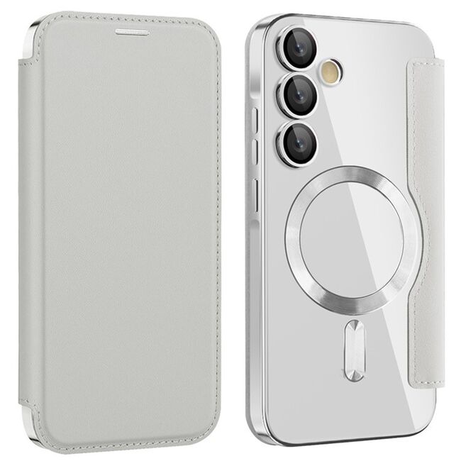 Husa pentru  Samsung Galaxy A55 EliteBook Executive Tip Carte cu Protectie RFID, Compatibilitate MagSafe si protectie lentile Transparent - Argintiu