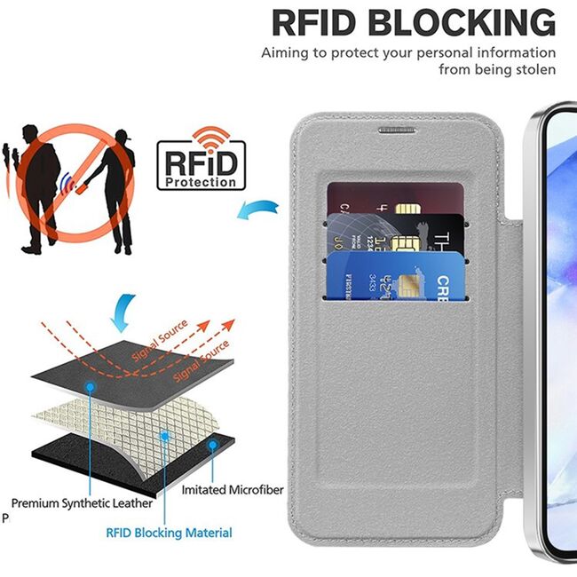 Husa pentru  Samsung Galaxy A55 EliteBook Executive Tip Carte cu Protectie RFID, Compatibilitate MagSafe si protectie lentile Transparent - Argintiu
