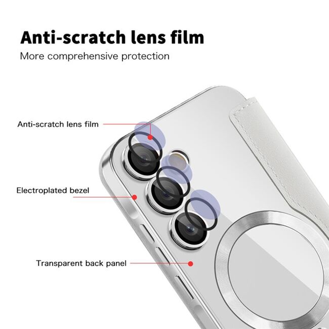 Husa pentru  Samsung Galaxy A55 EliteBook Executive Tip Carte cu Protectie RFID, Compatibilitate MagSafe si protectie lentile Transparent - Argintiu