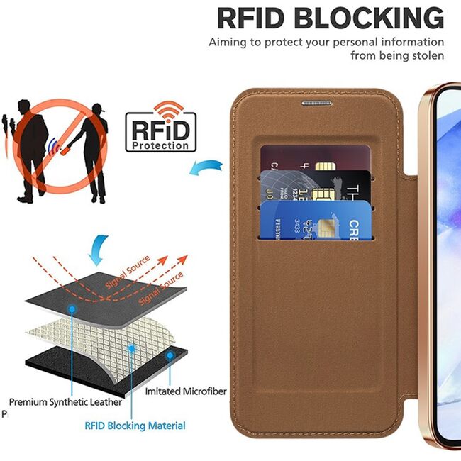 Husa pentru  Samsung Galaxy A55 EliteBook Executive Tip Carte cu Protectie RFID, Compatibilitate MagSafe si protectie lentile Transparent - Maro