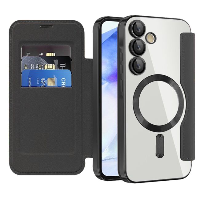 Husa pentru  Samsung Galaxy A55 EliteBook Executive Tip Carte cu Protectie RFID, Compatibilitate MagSafe si protectie lentile Transparent - Negru