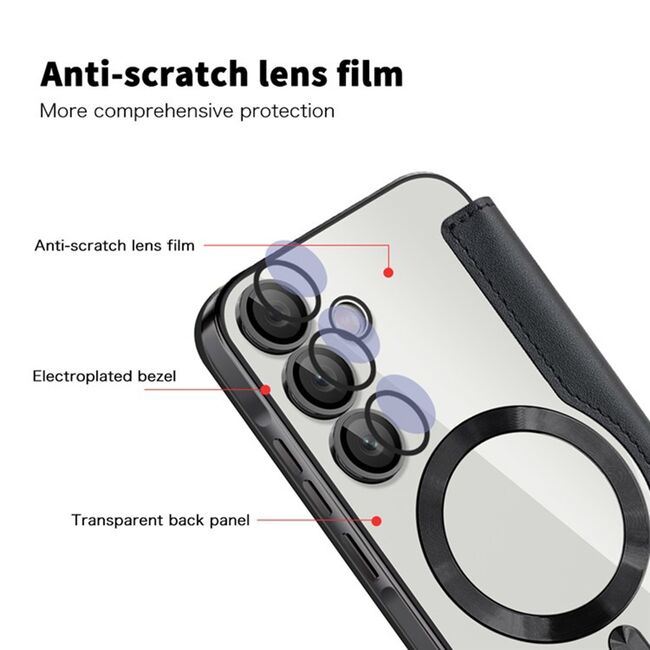 Husa pentru  Samsung Galaxy A55 EliteBook Executive Tip Carte cu Protectie RFID, Compatibilitate MagSafe si protectie lentile Transparent - Negru