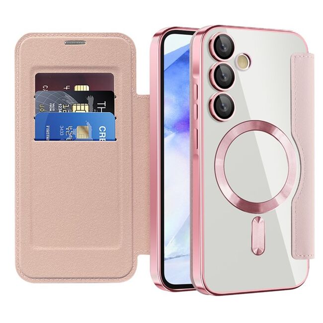 Husa pentru  Samsung Galaxy A55 EliteBook Executive Tip Carte cu Protectie RFID, Compatibilitate MagSafe si protectie lentile Transparent - Roz