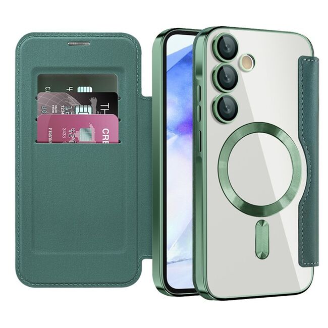 Husa pentru  Samsung Galaxy A55 EliteBook Executive Tip Carte cu Protectie RFID, Compatibilitate MagSafe si protectie lentile Transparent - Verde