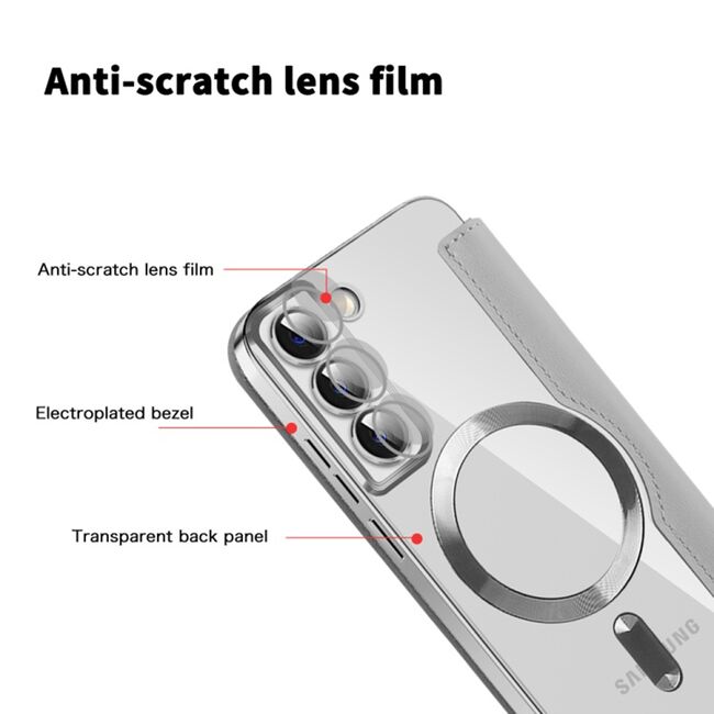 Husa pentru  Samsung Galaxy S22 5G EliteBook Executive Tip Carte cu Protectie RFID, Compatibilitate MagSafe si protectie lentile Transparent - Argintiu