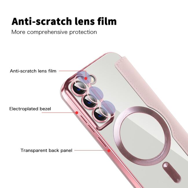 Husa pentru  Samsung Galaxy S22 5G EliteBook Executive Tip Carte cu Protectie RFID, Compatibilitate MagSafe si protectie lentile Transparent - Roz