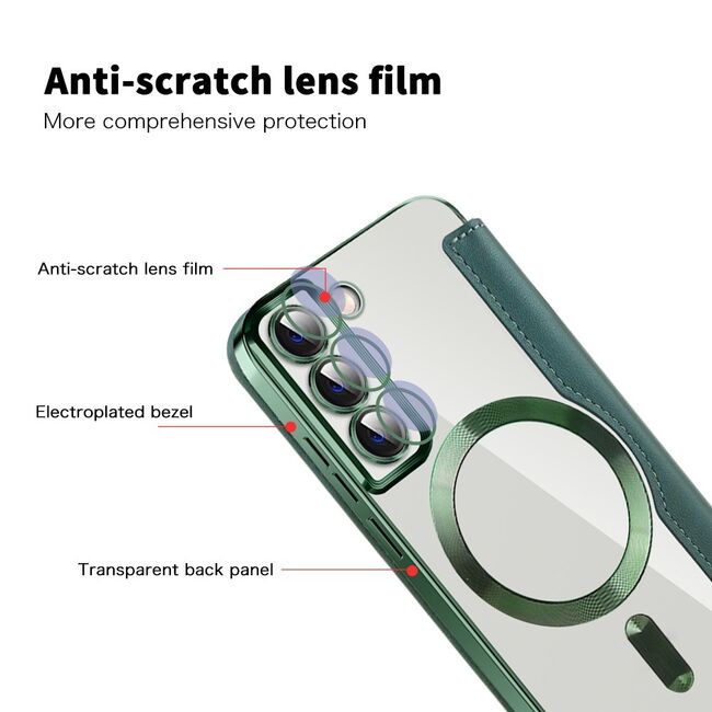 Husa pentru  Samsung Galaxy S22 5G EliteBook Executive Tip Carte cu Protectie RFID, Compatibilitate MagSafe si protectie lentile Transparent - Verde
