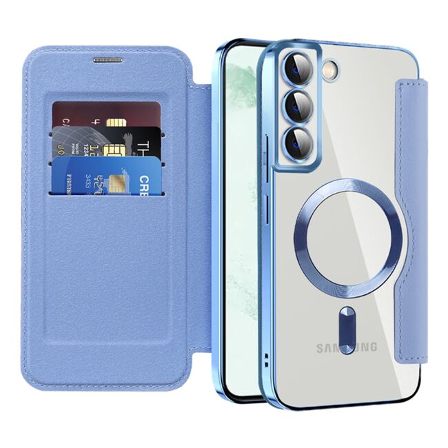 Husa pentru  Samsung Galaxy S22 Plus 5G EliteBook Executive Tip Carte cu Protectie RFID, Compatibilitate MagSafe si protectie lentile Transparent - Albastru deschis