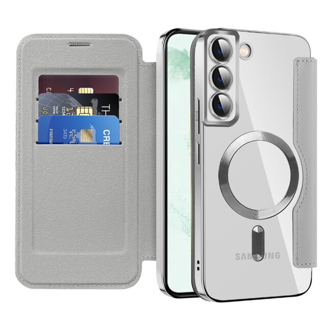 Husa pentru  Samsung Galaxy S22 Plus 5G EliteBook Executive Tip Carte cu Protectie RFID, Compatibilitate MagSafe si protectie lentile Transparent - Argintiu