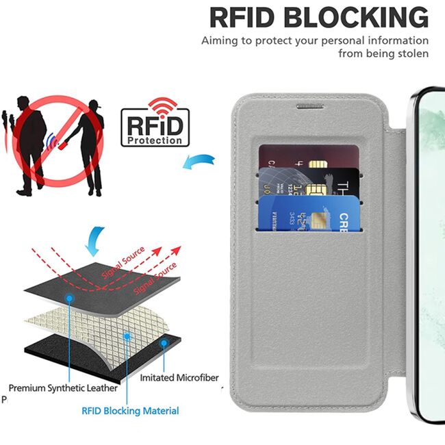 Husa pentru  Samsung Galaxy S22 Plus 5G EliteBook Executive Tip Carte cu Protectie RFID, Compatibilitate MagSafe si protectie lentile Transparent - Argintiu