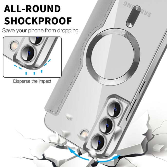 Husa pentru  Samsung Galaxy S22 Plus 5G EliteBook Executive Tip Carte cu Protectie RFID, Compatibilitate MagSafe si protectie lentile Transparent - Argintiu