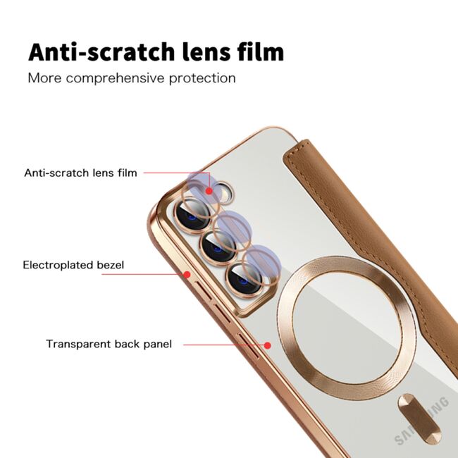 Husa pentru  Samsung Galaxy S22 Plus 5G EliteBook Executive Tip Carte cu Protectie RFID, Compatibilitate MagSafe si protectie lentile Transparent - Maro