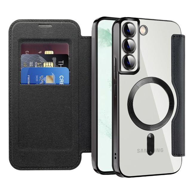Husa pentru  Samsung Galaxy S22 Plus 5G EliteBook Executive Tip Carte cu Protectie RFID, Compatibilitate MagSafe si protectie lentile Transparent - Negru
