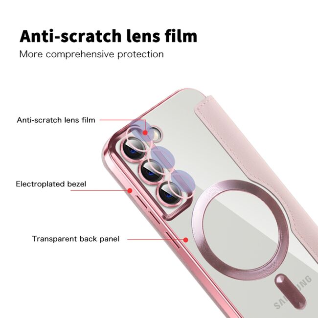 Husa pentru  Samsung Galaxy S22 Plus 5G EliteBook Executive Tip Carte cu Protectie RFID, Compatibilitate MagSafe si protectie lentile Transparent - Roz