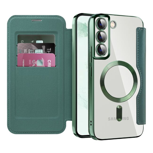Husa pentru  Samsung Galaxy S22 Plus 5G EliteBook Executive Tip Carte cu Protectie RFID, Compatibilitate MagSafe si protectie lentile Transparent - Verde