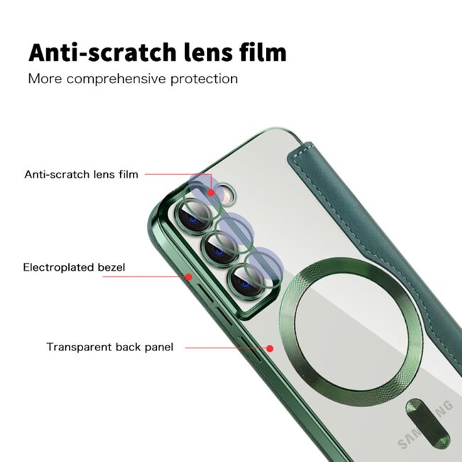 Husa pentru  Samsung Galaxy S22 Plus 5G EliteBook Executive Tip Carte cu Protectie RFID, Compatibilitate MagSafe si protectie lentile Transparent - Verde
