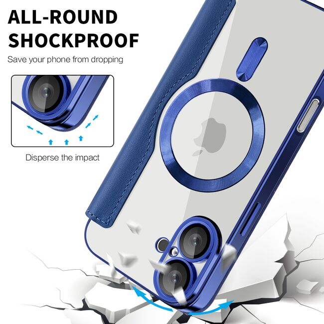 Husa pentru  iPhone 16 EliteBook Executive Tip Carte cu Protectie RFID, Compatibilitate MagSafe si protectie lentile Transparent - Albastru