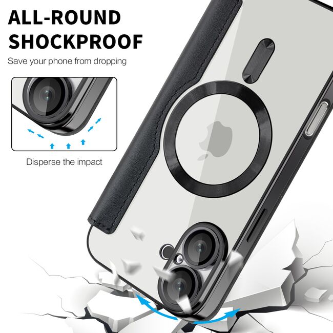 Husa pentru  iPhone 16 EliteBook Executive Tip Carte cu Protectie RFID, Compatibilitate MagSafe si protectie lentile Transparent - Negru
