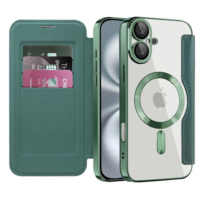 Husa pentru  iPhone 16 EliteBook Executive Tip Carte cu Protectie RFID, Compatibilitate MagSafe si protectie lentile Transparent - Verde