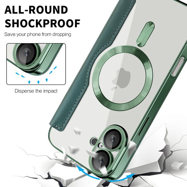Husa pentru  iPhone 16 EliteBook Executive Tip Carte cu Protectie RFID, Compatibilitate MagSafe si protectie lentile Transparent - Verde