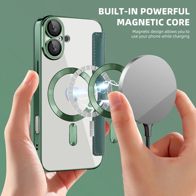 Husa pentru  iPhone 16 EliteBook Executive Tip Carte cu Protectie RFID, Compatibilitate MagSafe si protectie lentile Transparent - Verde