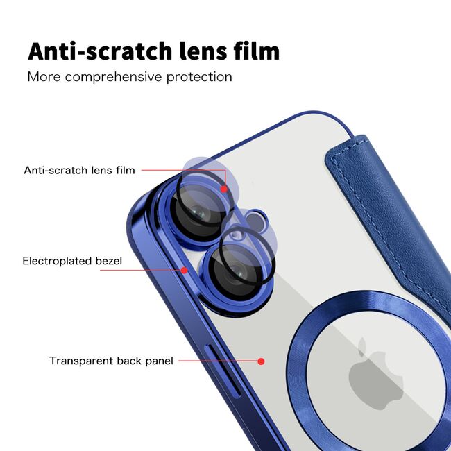 Husa pentru  iPhone 16 Plus EliteBook Executive Tip Carte cu Protectie RFID, Compatibilitate MagSafe si protectie lentile Transparent - Albastru