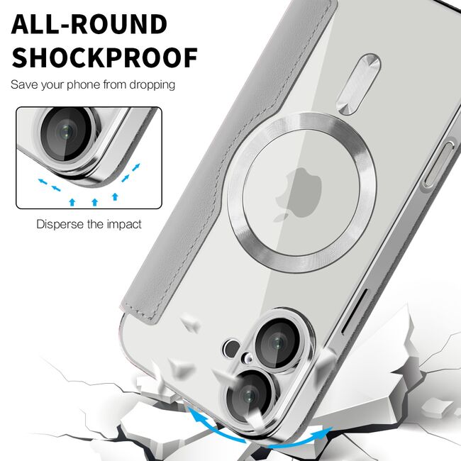 Husa pentru  iPhone 16 Plus EliteBook Executive Tip Carte cu Protectie RFID, Compatibilitate MagSafe si protectie lentile Transparent - Argintiu