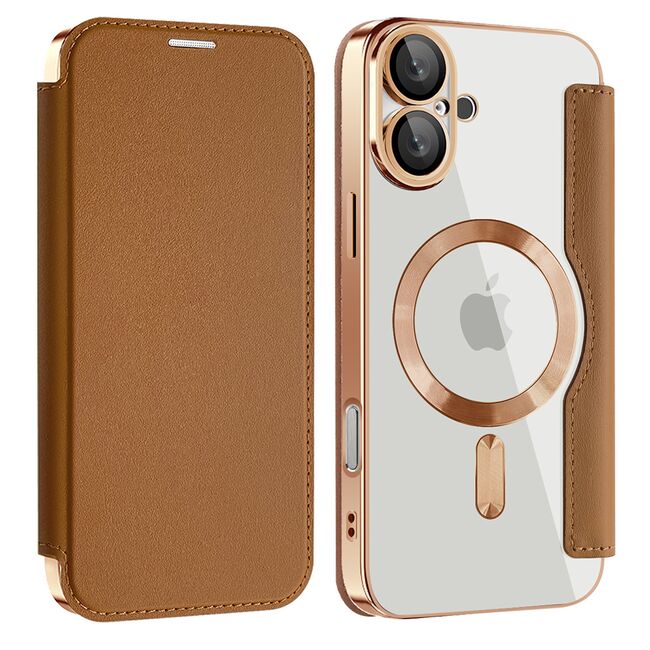 Husa pentru  iPhone 16 Plus EliteBook Executive Tip Carte cu Protectie RFID, Compatibilitate MagSafe si protectie lentile Transparent - Maro