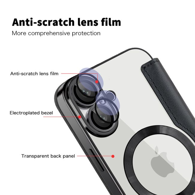 Husa pentru  iPhone 16 Plus EliteBook Executive Tip Carte cu Protectie RFID, Compatibilitate MagSafe si protectie lentile Transparent - Negru