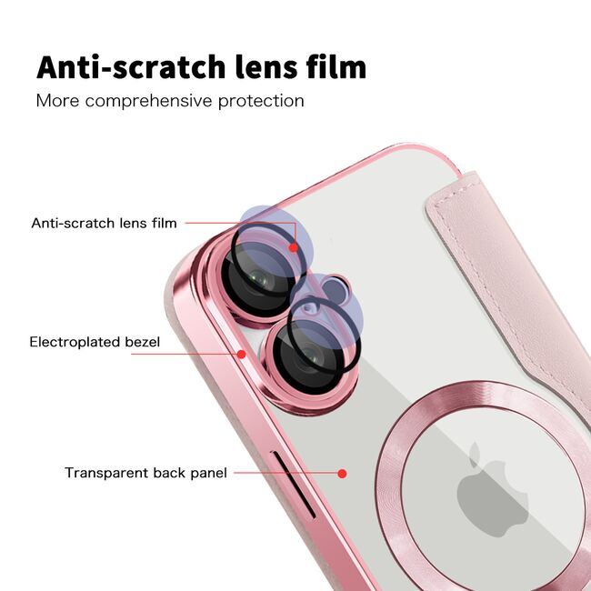 Husa pentru  iPhone 16 Plus EliteBook Executive Tip Carte cu Protectie RFID, Compatibilitate MagSafe si protectie lentile Transparent - Roz