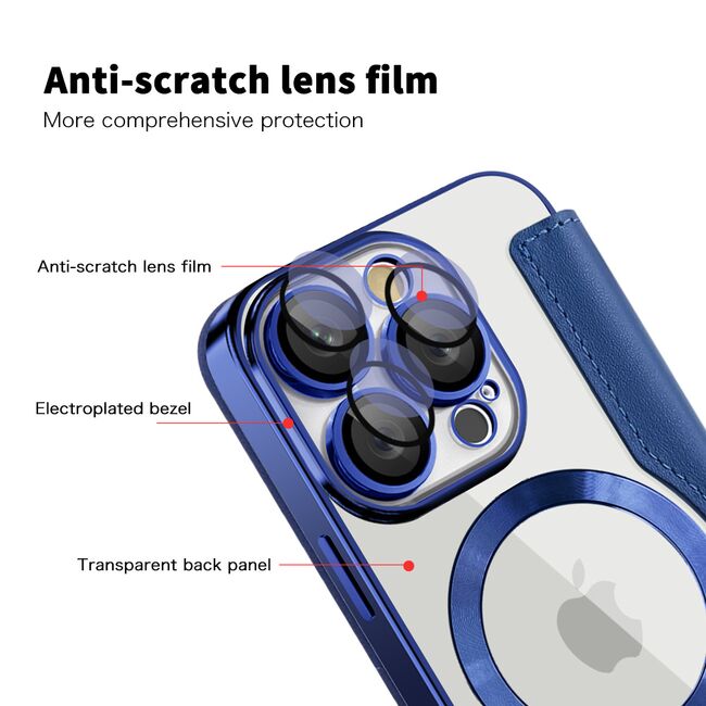 Husa pentru  iPhone 16 Pro Max EliteBook Executive Tip Carte cu Protectie RFID, Compatibilitate MagSafe si protectie lentile Transparent - Albastru