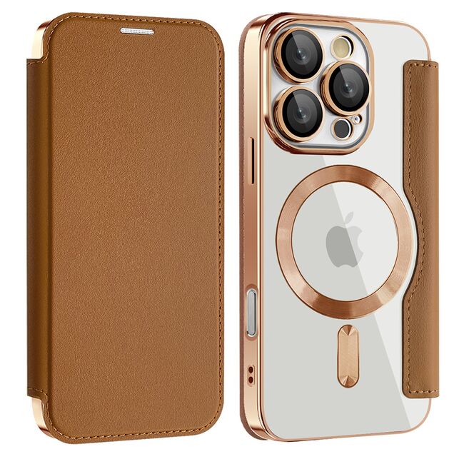 Husa pentru  iPhone 16 Pro Max EliteBook Executive Tip Carte cu Protectie RFID, Compatibilitate MagSafe si protectie lentile Transparent - Maro