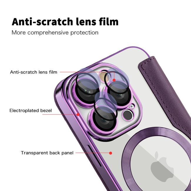 Husa pentru  iPhone 16 Pro Max EliteBook Executive Tip Carte cu Protectie RFID, Compatibilitate MagSafe si protectie lentile Transparent - Mov
